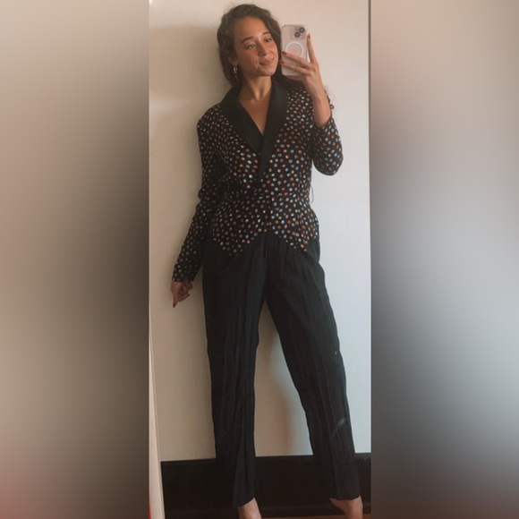 Vintage 80s Tareti by Howard Lei Colorful Polka Dot Zig Zag Blazer Jumpsuit - Picture 5 of 16